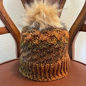 CROCHET HANDMADE Cozy Multicolor Knit Beanie with Faux Fur Pom